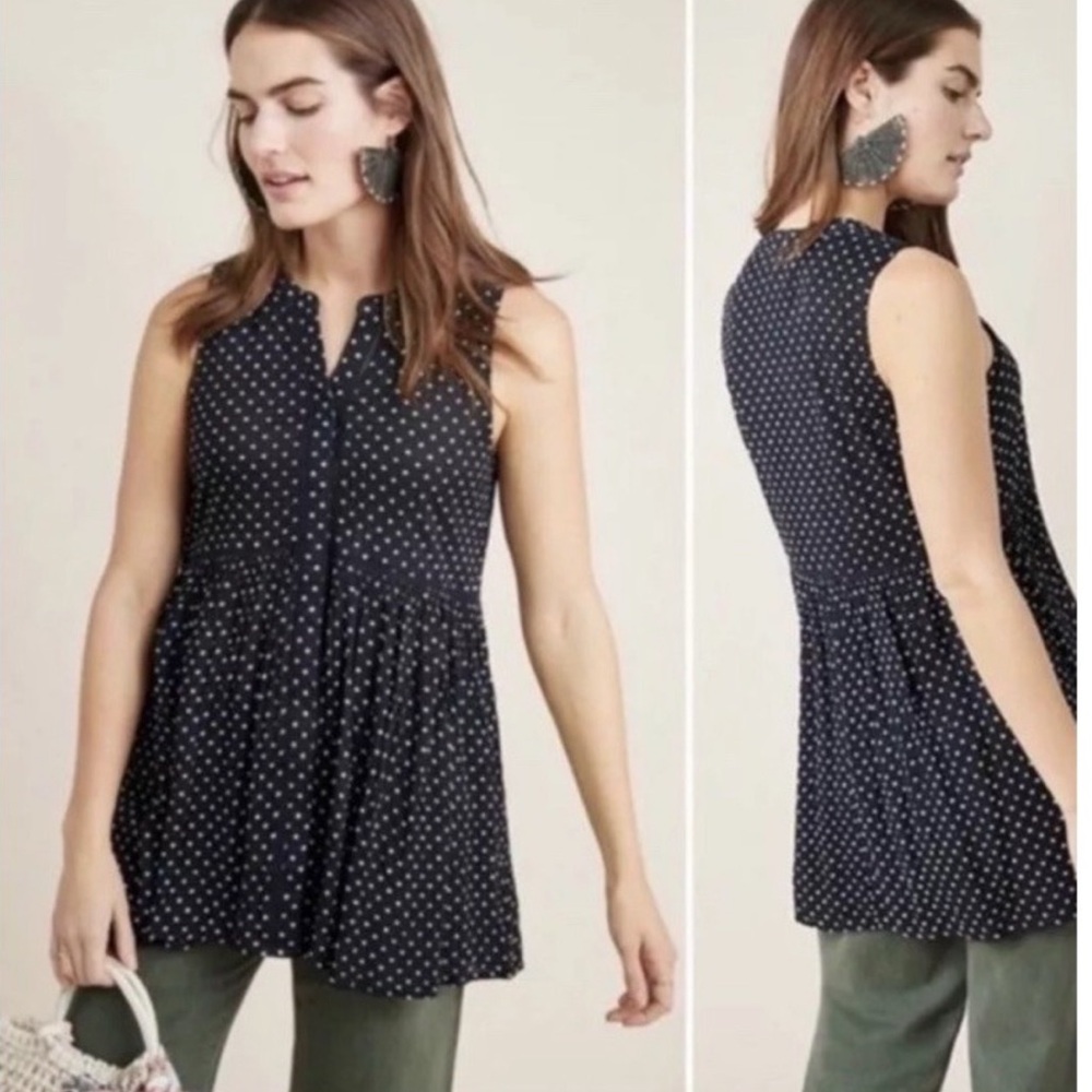 Anthropologie Nia Tunic Top Polka Dot Black White Sleeveless Size Small